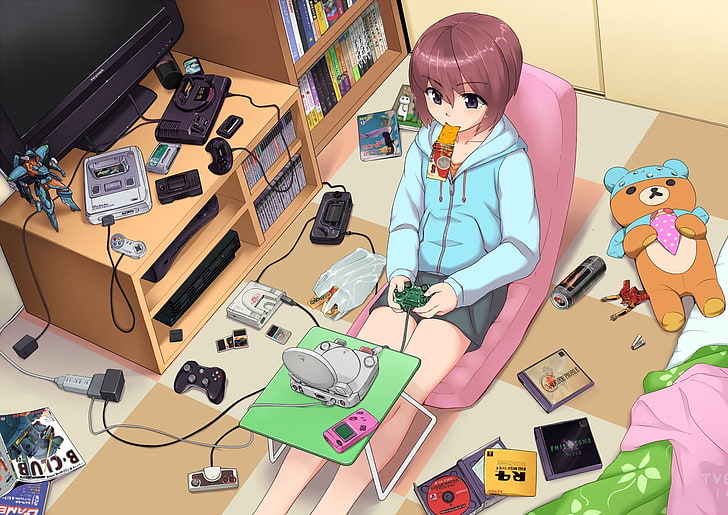 ilustração de menina anime, anime, olhos roxos, quarto, personagens originais, PlayStation, Nintendo Entertainment System, Xbox 360, PlayStation 2, HD papel de parede
