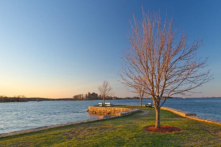 grass field near body of water, Casino, Island, Sunset, HDR, grass, body of water, tree, wood, branch, branches, foliage, coast, coastal, shore, shoreline, maritime, sea, seascape, river, water, waterscape, landscape, nature, natural, scene, scenic, scenery, background, sundown, golden  hour, alexandria  bay, 1000  islands, new  york  state, us, usa, united  states, america, american, curves, beauty, beautiful, pretty, epic, calm, quiet, serene, serenity, zen, sky, outside, outdoor, outdoors, travel, tourism, touristic, stock, resource, image, picture, ca, clear, lake, HD wallpaper