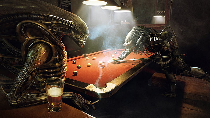 alien y depredador jugando billar, humor, Alien (película), Predator (película), extraterrestres, Alien vs Predator, Fondo de pantalla HD
