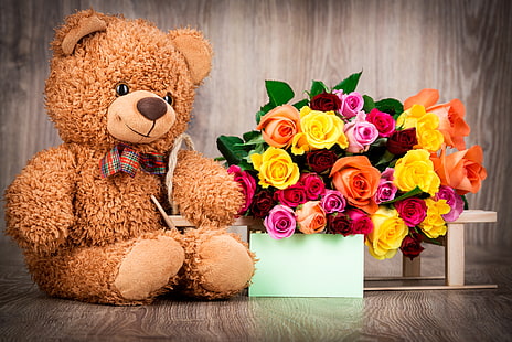 buket bunga mawar kuning, merah, dan oranye, cinta, hadiah, mawar, beruang, hati, romantis, Hari Valentine, Teddy, Wallpaper HD HD wallpaper
