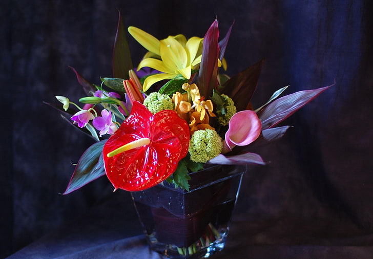 assorted-color petaled flowers, anthurium, calla, lily, flowers, bouquets, composition, vase, HD wallpaper