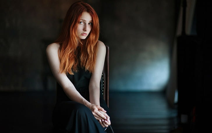 women model redhead long hair bare shoulders chair looking at viewer black dress sitting depth of field vladislava masko, HD wallpaper