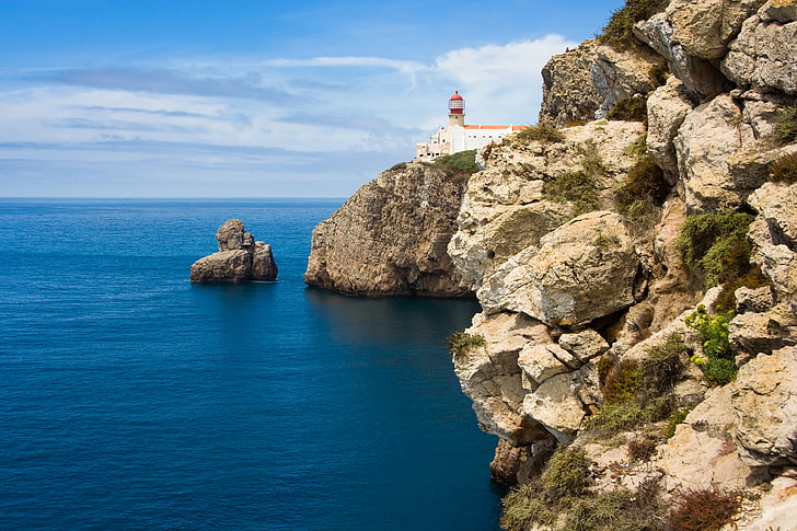 Landschaft, Natur, Leuchtturm, Portugal, Atlantik, Atlantik, Hochebene und Felsen, Kappe an der Algarve, Abdeckung in der Algarve, HD-Hintergrundbild