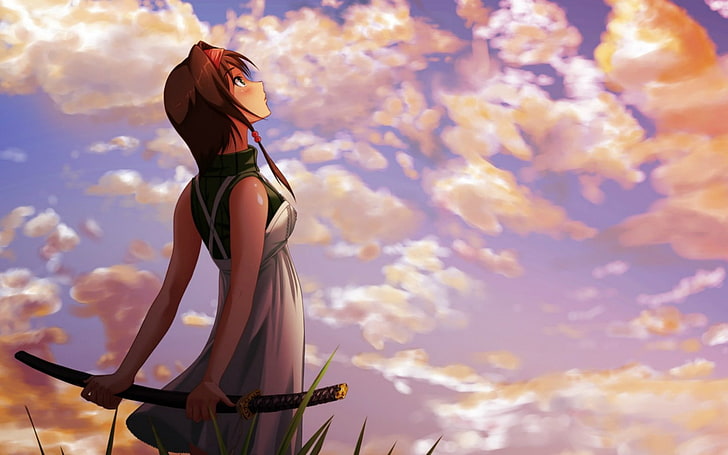 brown-haired woman in white and black sleeveless dressed illustration, girl, anime, katana, sky, clouds, HD wallpaper