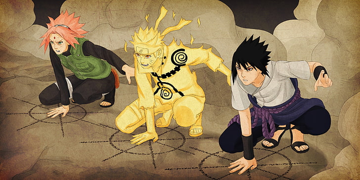 Naruto Shippuden Team 7 papel de parede digital, Sasuke, Naruto, Sakura, mangá, ninjutsu, kuchiyose no Jutsu, a Quarta Guerra Shinobi, HD papel de parede