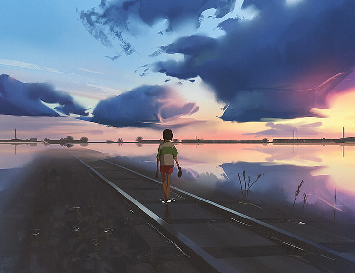 Atey Ghailan, Pinsel, Zeichnung, Fluss, Eisenbahn, temperamentvoll entfernt, HD-Hintergrundbild