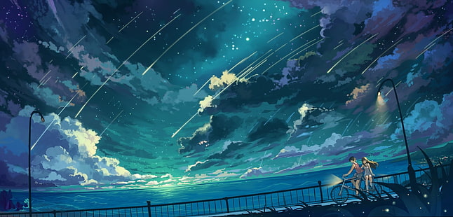 boy and girl riding bicycle under meteor shower anime wallpaper, Anime, Original, Bicycle, Cloud, Couple, Girl, Horizon, Landscape, Nature, Ocean, Original (Anime), Sky, Stars, Water, HD wallpaper HD wallpaper