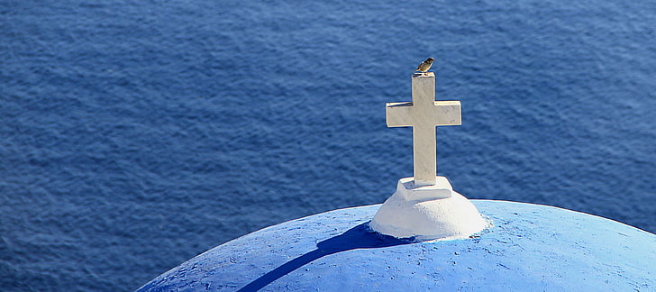 believe, bird, blue, christian, church, cross, greece, religion, santorini, sea, spiritual, HD wallpaper