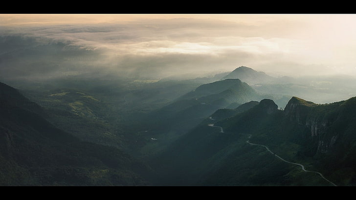 природа, пейзаж, туман, долина, горы, дорога, кустарники, облака, солнечный свет, Бразилия, HD обои