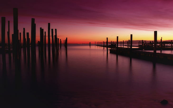 Harbor Sunset, charmant, riche, coloré, beau, coucher de soleil, sombre, 3d et abstrait, Fond d'écran HD