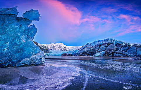 Vatnajökull Iceland glacier, water, ice, mountains, sunset, Vatnajökull, Auster-Skaftafell Sysla, Vatnajökull glacier, HD wallpaper HD wallpaper