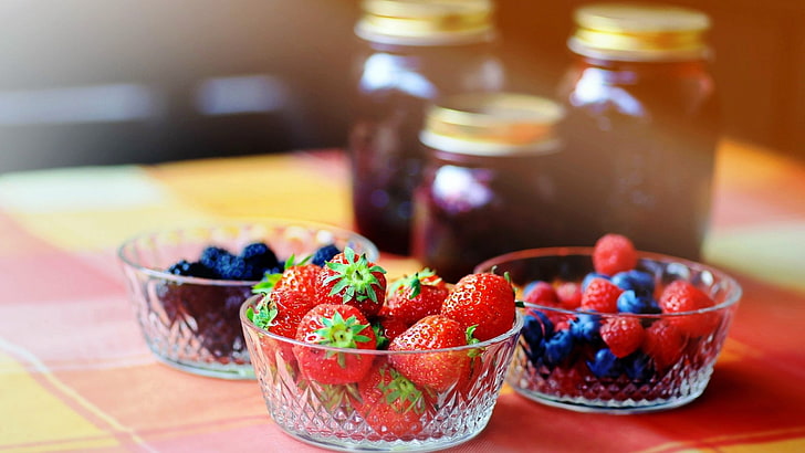 ягодови плодове, плодове, плодове, ягоди, боровинки, малини, HD тапет