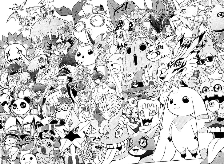 Digimon doodle art, Digimon Adventure, Digimon, monocromático, anime, HD papel de parede