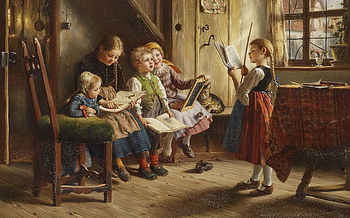 Pintor alemão, Johann Wilhelm Schütze, Wilhelm Schütze, Escola Infantil, Escola Infantil, Cinco crianças brincando na escola, Cinco crianças brincando para estar na escola, HD papel de parede HD wallpaper