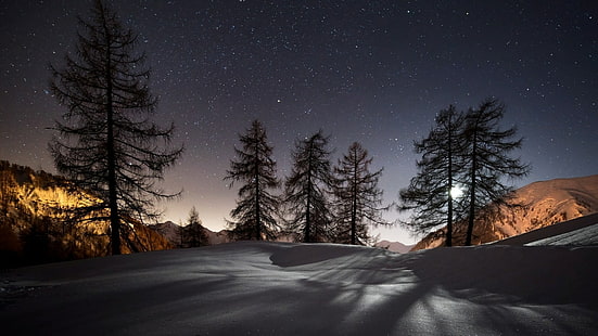  winter, snow, black, sky, night sky, Moon, trees, landscape, mountains, HD wallpaper HD wallpaper