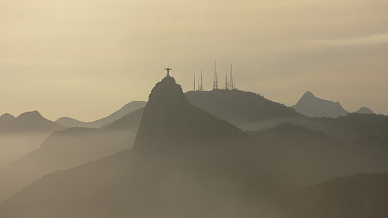 silhouette photo of mountains, nature, landscape, mountains, clouds, Rio de Janeiro, Brasil, Christ the Redeemer, statue, Jesus Christ, silhouette, hills, mist, city, HD wallpaper HD wallpaper