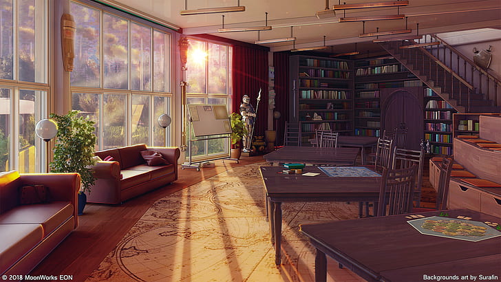 Anime, Original, Interior, Room, Sofa, Stairs, Sunset, HD wallpaper