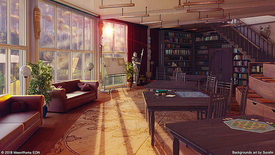Anime, originale, interno, stanza, divano, scale, tramonto, Sfondo HD HD wallpaper