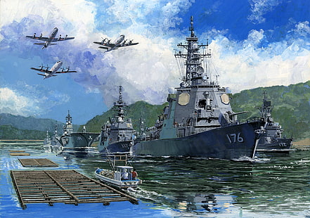 Япония, эсминец, вертолет, эскорт флотилия, JMSDF Escort Flotilla 4, HD обои HD wallpaper