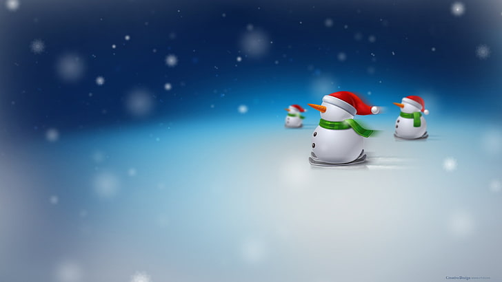 Ilustración de tres Snoman, Navidad, muñecos de nieve, nieve, esquí, Fondo de pantalla HD