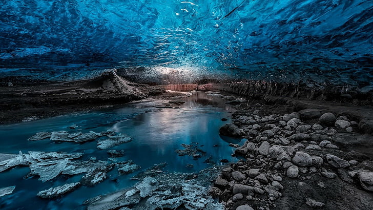 水、氷河、氷の洞窟、洞窟、海の洞窟、形成、地質現象、氷、岩、ヴァトナジョクル、アイスランド、ヴァトナヨークトル国立公園、スカフタフェル、国立公園、 HDデスクトップの壁紙