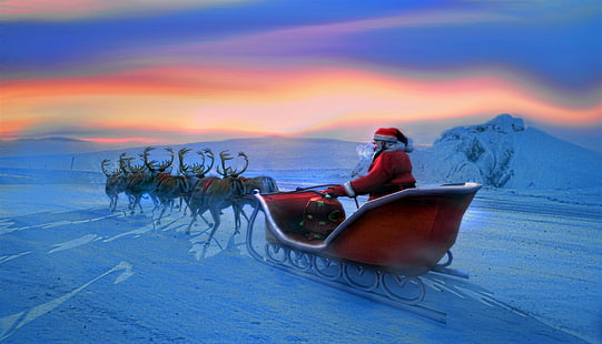 Holiday, Christmas, Reindeer, Santa, Sleigh, Snow, HD wallpaper HD wallpaper