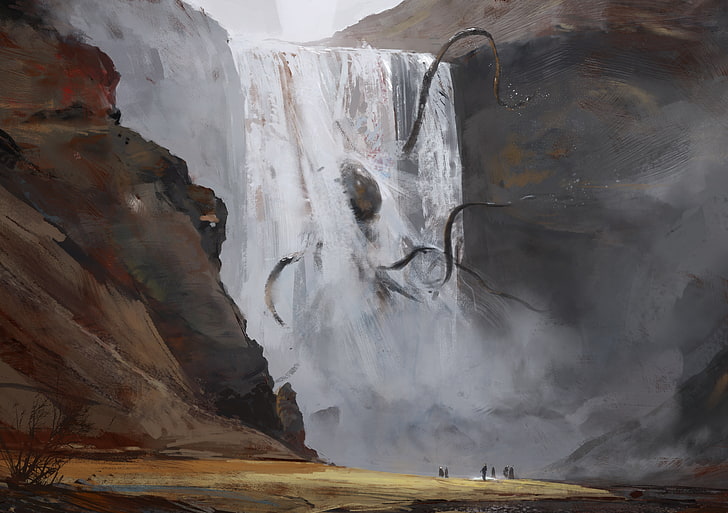 cachoeiras, arte digital, arte de fantasia, natureza, rocha, cachoeira, criatura, montanhas, pintura, polvo, HD papel de parede
