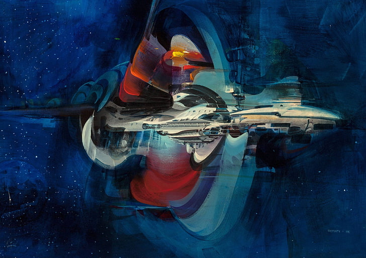 seni digital, pesawat ruang angkasa, ruang, alam semesta, John Berkey, fiksi ilmiah, bintang, latar belakang biru, lukisan, karya seni, Wallpaper HD