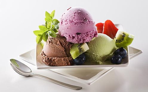 scoop of ice creams, ice cream, kiwi, balls, HD wallpaper HD wallpaper