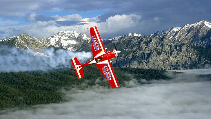 Plane in the mountains, red, white, and blue airplane, aircraft, 1920x1080, mountain, airplane, HD wallpaper