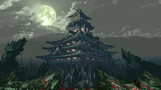 black temple illustration, pixel art, pixels, 8-bit, rock, Asian architecture, house, Moon, clouds, artwork, fantasy art, digital art, HD wallpaper HD wallpaper