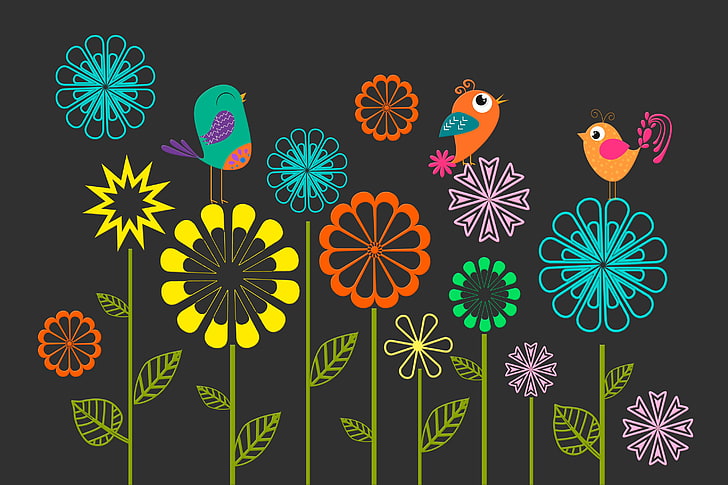 Primavera, uccelli, colorati, vettori, fiori, Sfondo HD