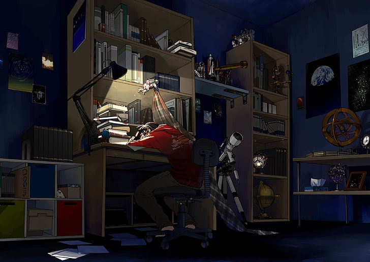 osoba siedząca na toczącym się krześle ilustracja, noc, pokój, książki, sen, anime, sztuka, facet, teleskop, bałagan, Tapety HD