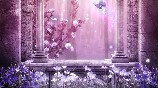 Pink Mystic, roses, lavender, columns, butterfly, pink, flowers, mystical, fantasy, curtain, window, light, lily, HD wallpaper HD wallpaper
