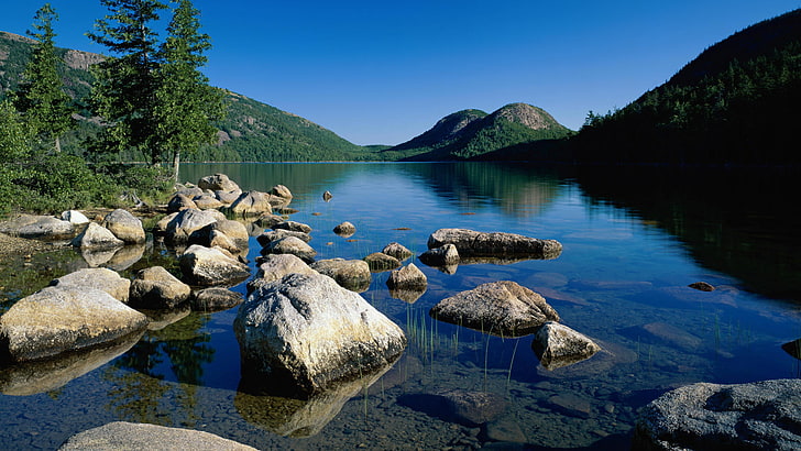 beige rocks, lake, Park, Jordan, National, Acadia, Maine, Pond, HD wallpaper
