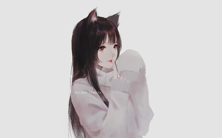 gadis anime, Aoi Ogata, latar belakang sederhana, seni digital, telinga kucing, rambut panjang, latar belakang putih, sweater, jari di bibir, telinga neko, Wallpaper HD