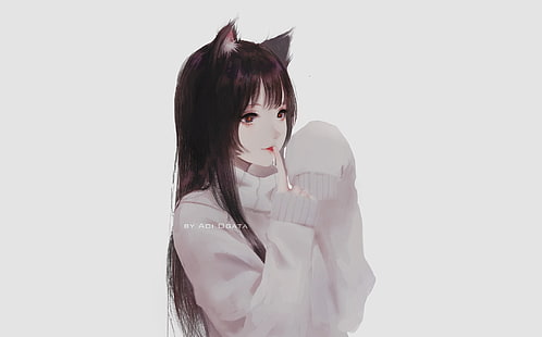 gadis anime, Aoi Ogata, latar belakang sederhana, seni digital, telinga kucing, rambut panjang, latar belakang putih, sweater, jari di bibir, telinga neko, Wallpaper HD HD wallpaper