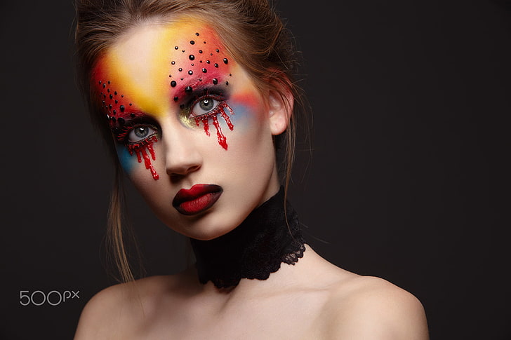 makeup, colorful, red lipstick, face, women, model, 500px, portrait, HD wallpaper