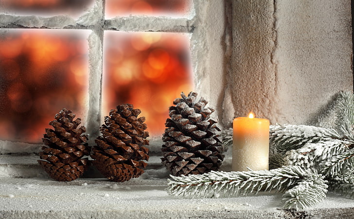 Christmas Night, three brown pine cones and white pillar candle, Holidays, Christmas, HD wallpaper