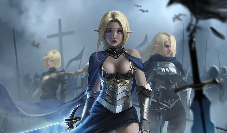 elves, women, fantasy girl, blonde, long hair, pointy ears, looking at viewer, blue eyes, frontal view, bokeh, raven, sword, weapon, armor, Armored, cleavage, cape, army, fantasy art, depth of field, environment, artwork, drawing, illustration, digital painting, digital art, original characters, HD wallpaper