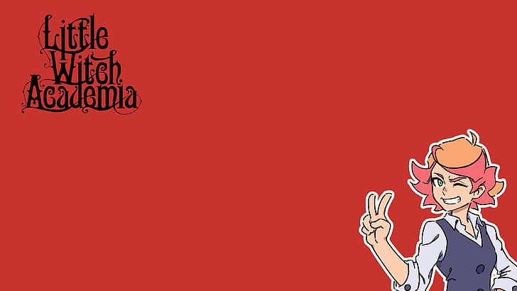 simple background, red background, anime, anime girls, Amanda O'Neill, Little Witch Academia, Luna Nova uniform, redhead, short hair, vest, peace sign, smiling, wink, white shirt, school uniform, schoolgirl, rolled sleeves, minimalism, ahoge, green eyes, text, logo, HD wallpaper