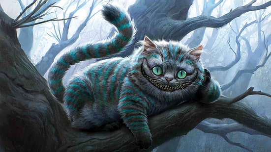 Cheshire, Alice in Wonderland, Cheshire Cat, digital art, cat, trees, smiling, HD wallpaper HD wallpaper
