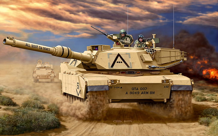 brown army tank, gun, art, tank, USA, is, combat, American, sea, army, the crew, Abrams, caliber, Egypt, infantry, main, armed, honor, commercially, General, available, Creighton Abrams., 105-mm., Saudi Arabia, Named, 4, Kuwait, Iraq and Australia., 1980., M1 A1H1, HD wallpaper