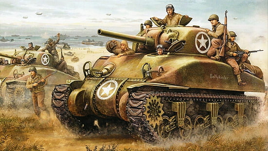 солдаты на боевом танке, картина, рисунок, нормандия, танки, десант, шерман, операция факел, пламя войны, HD обои HD wallpaper
