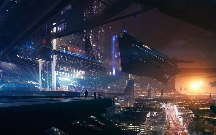 черное бетонное здание, футуристический город, огни, космос, футуристический, космический корабль, фэнтези-арт, Mass Effect, HD обои