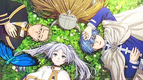 Sousou No Frieren, anime, herbe, fleurs, cheveux blancs, Fond d'écran HD HD wallpaper