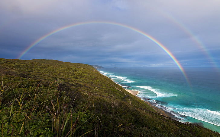 Rainbow Coast Ocean HD, ธรรมชาติ, มหาสมุทร, ชายฝั่ง, สายรุ้ง, วอลล์เปเปอร์ HD