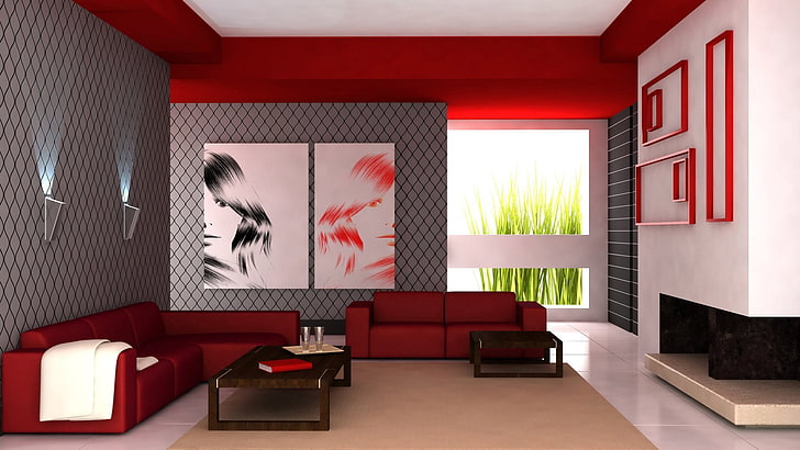 conjunto de sofás rojos, diseño, mesa, sala, sofá, interior, silla, Fondo de pantalla HD