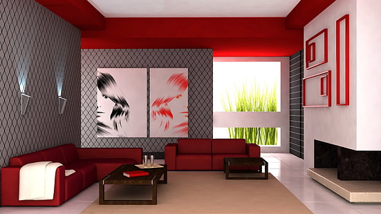 red sofa set, design, table, room, sofa, interior, chair, HD wallpaper HD wallpaper