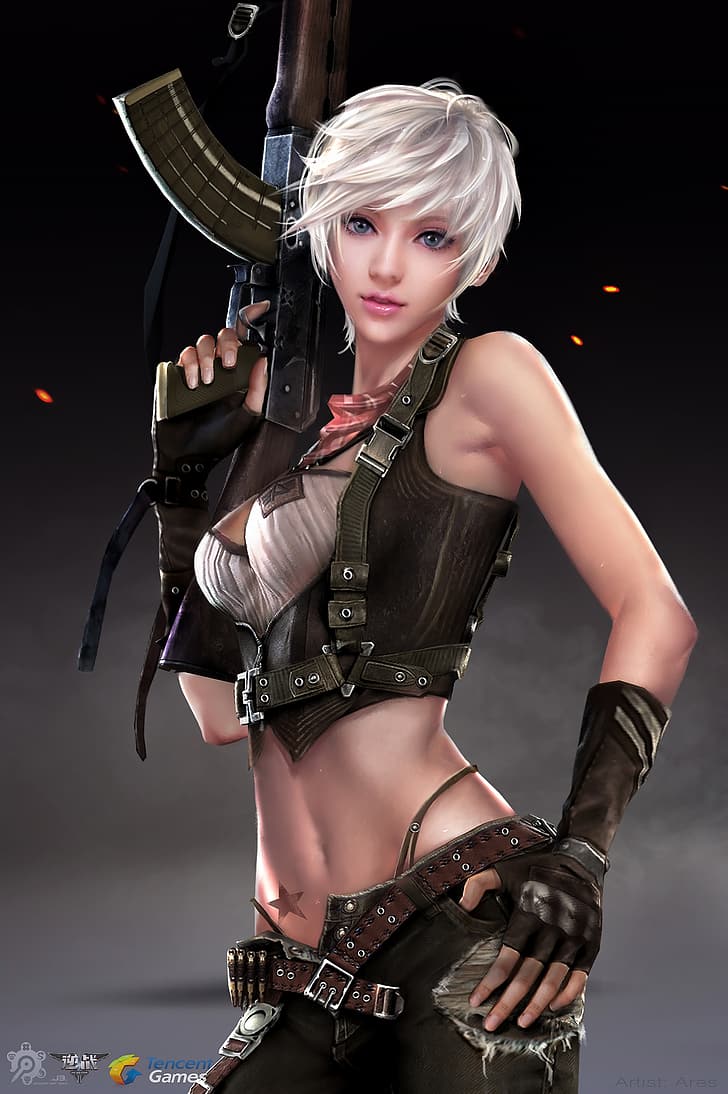 Ares, drawing, women, silver hair, short hair, looking at viewer, blue eyes, makeup, lipstick, tank top, belt, tattoo, pants, bullet, gloves, scarf, army gear, weapon, assault rifle, sparks, simple background, HD wallpaper